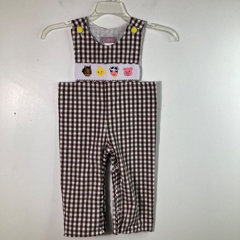 Vintage Smocked Polka Dot Embroidered Gingham Overalls 2 Cotton Brown White Hors